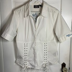 HARLEY-DAVIDSON Women’s White short-sleeve Crisscross Tie Button-front SZ XL